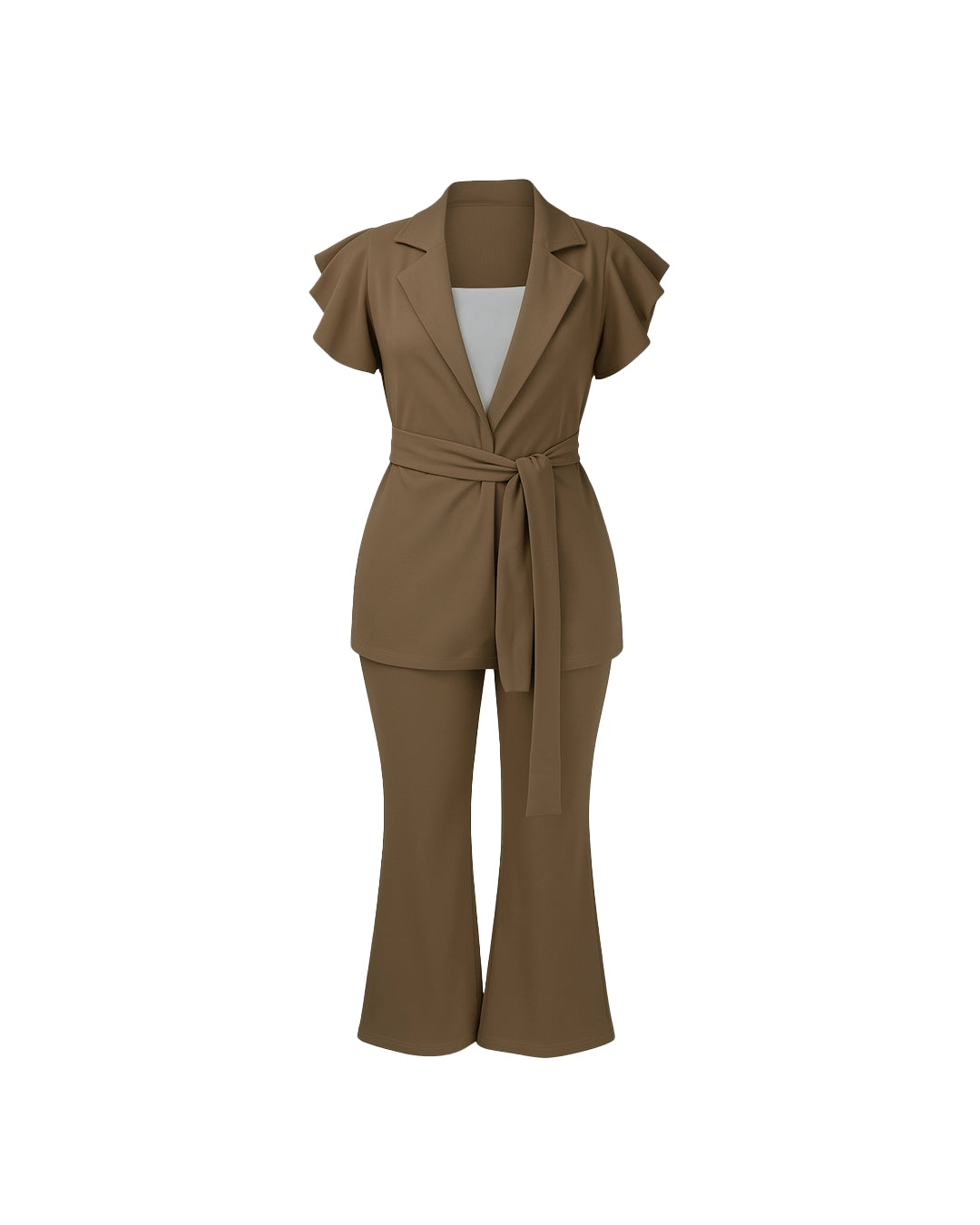 Brown two-piece suit with ruffled sleeves on a white background