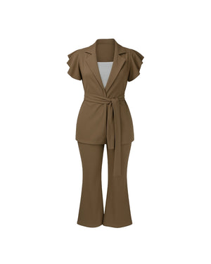Brown two-piece suit with ruffled sleeves on a white background