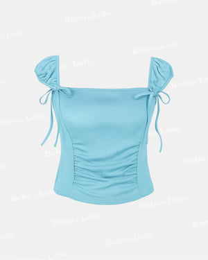 Ruched Lettuce Trim Bowknot Crop Top