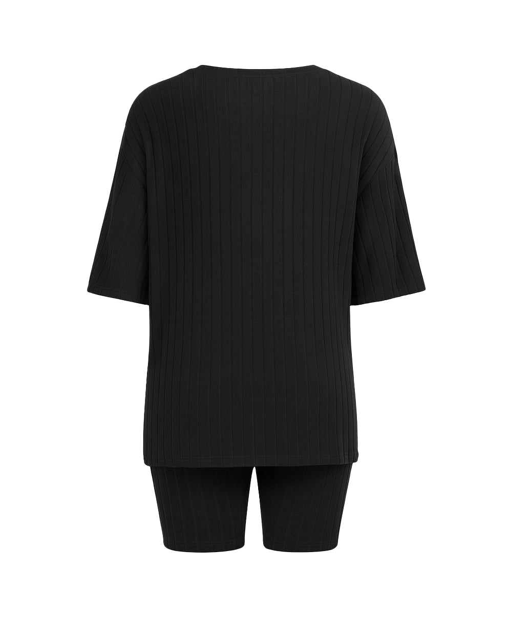 Black t-shirt and shorts set on a white background