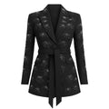 Black patterned blazer with a belt on a white background