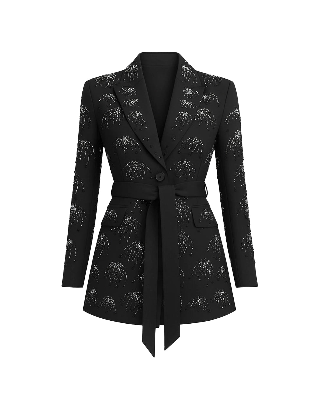 Black patterned blazer with a belt on a white background