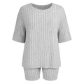 Gray ribbed top and shorts set on a white background