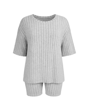 Gray ribbed top and shorts set on a white background