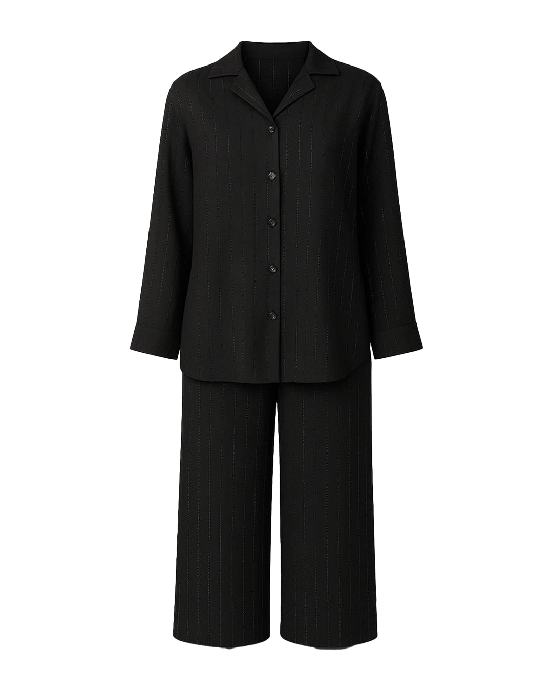Black outfit with a jacket and pants on a white background