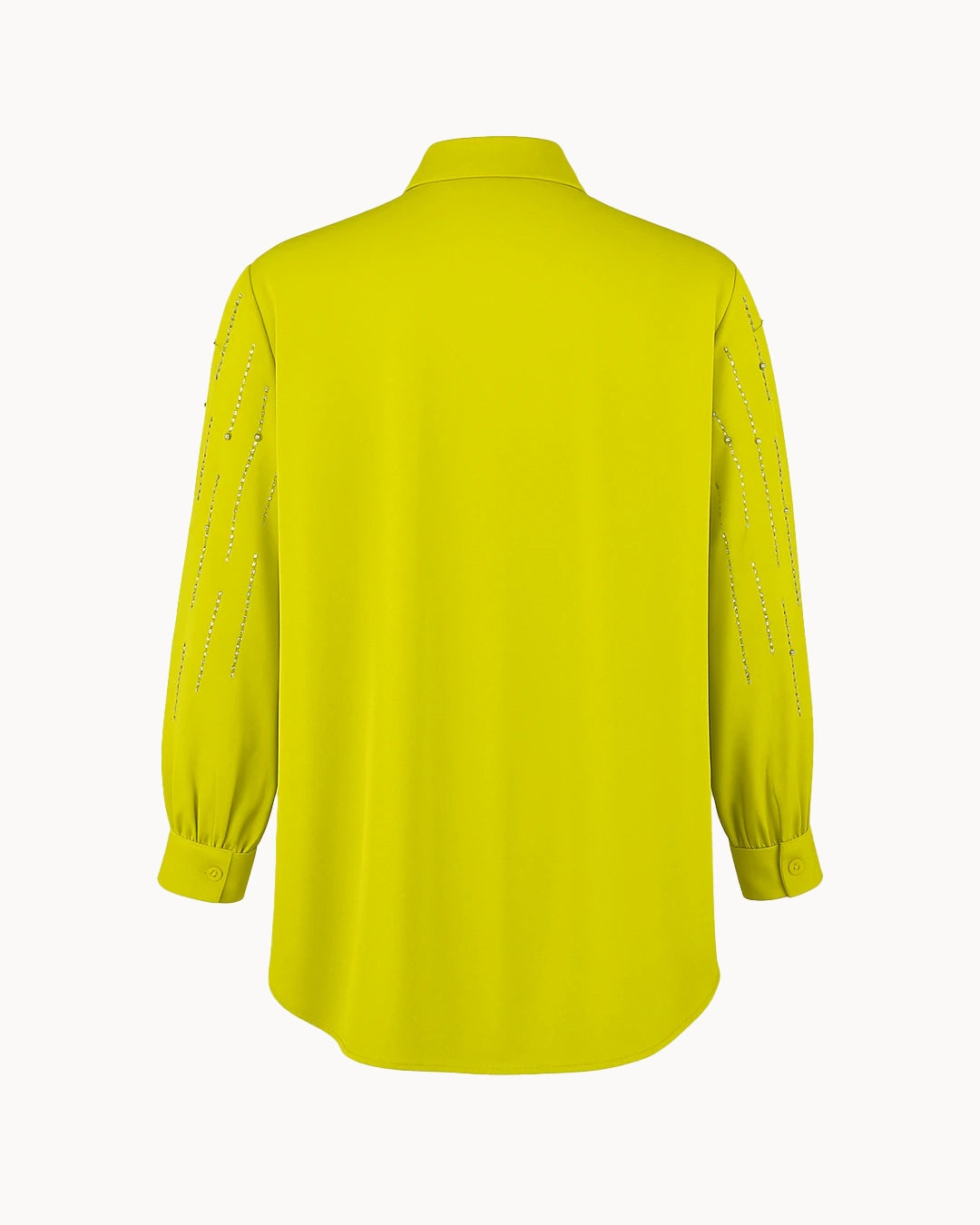 Yellow shirt with text on sleeves against a white background