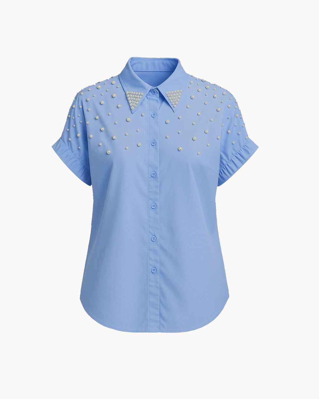Blue blouse with pearl embellishments on a white background