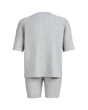 Light gray ribbed t-shirt and shorts set on a white background