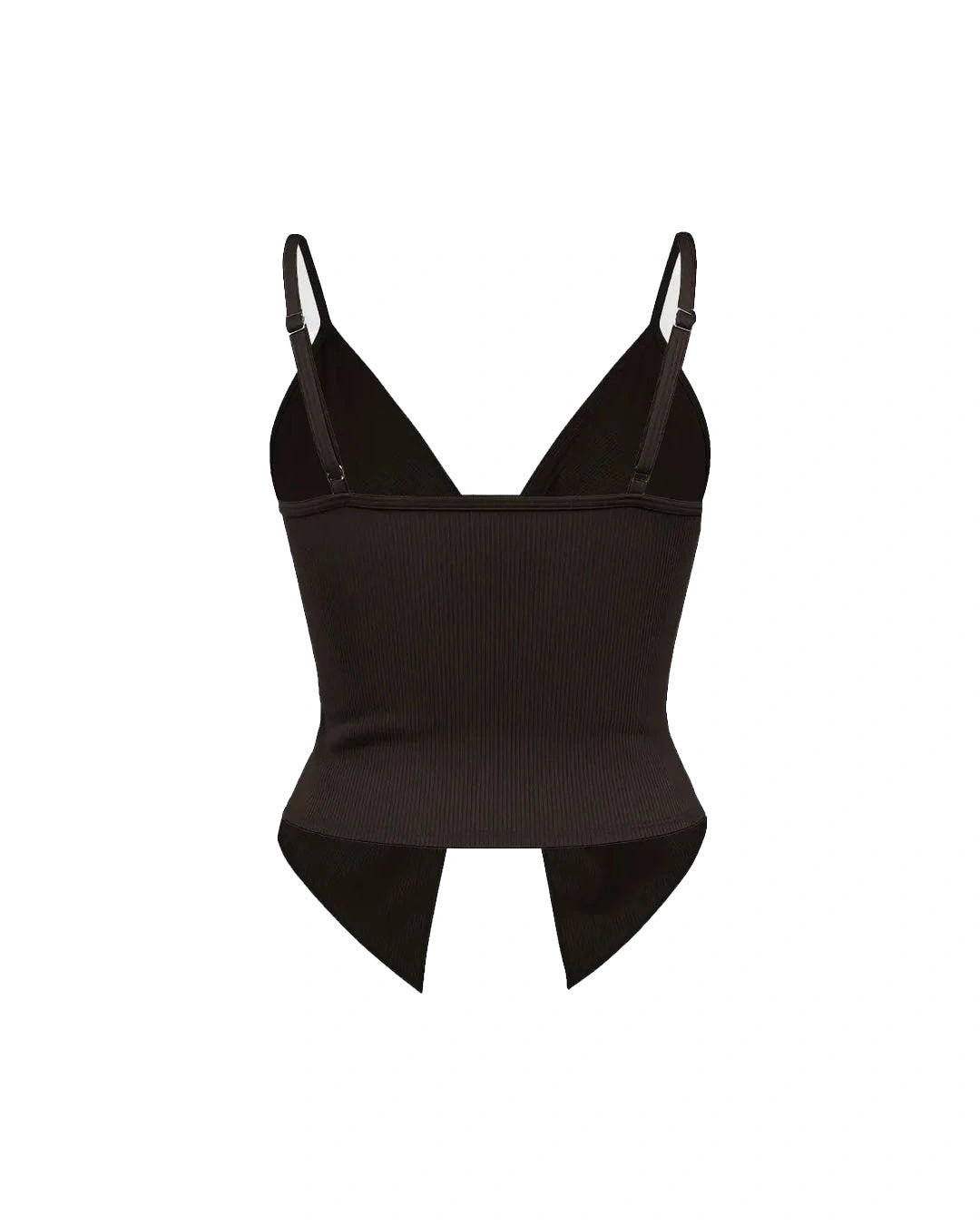 Black ribbed tank top with thin straps on a white background
