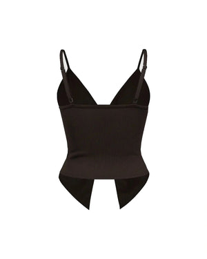 Black ribbed tank top with thin straps on a white background