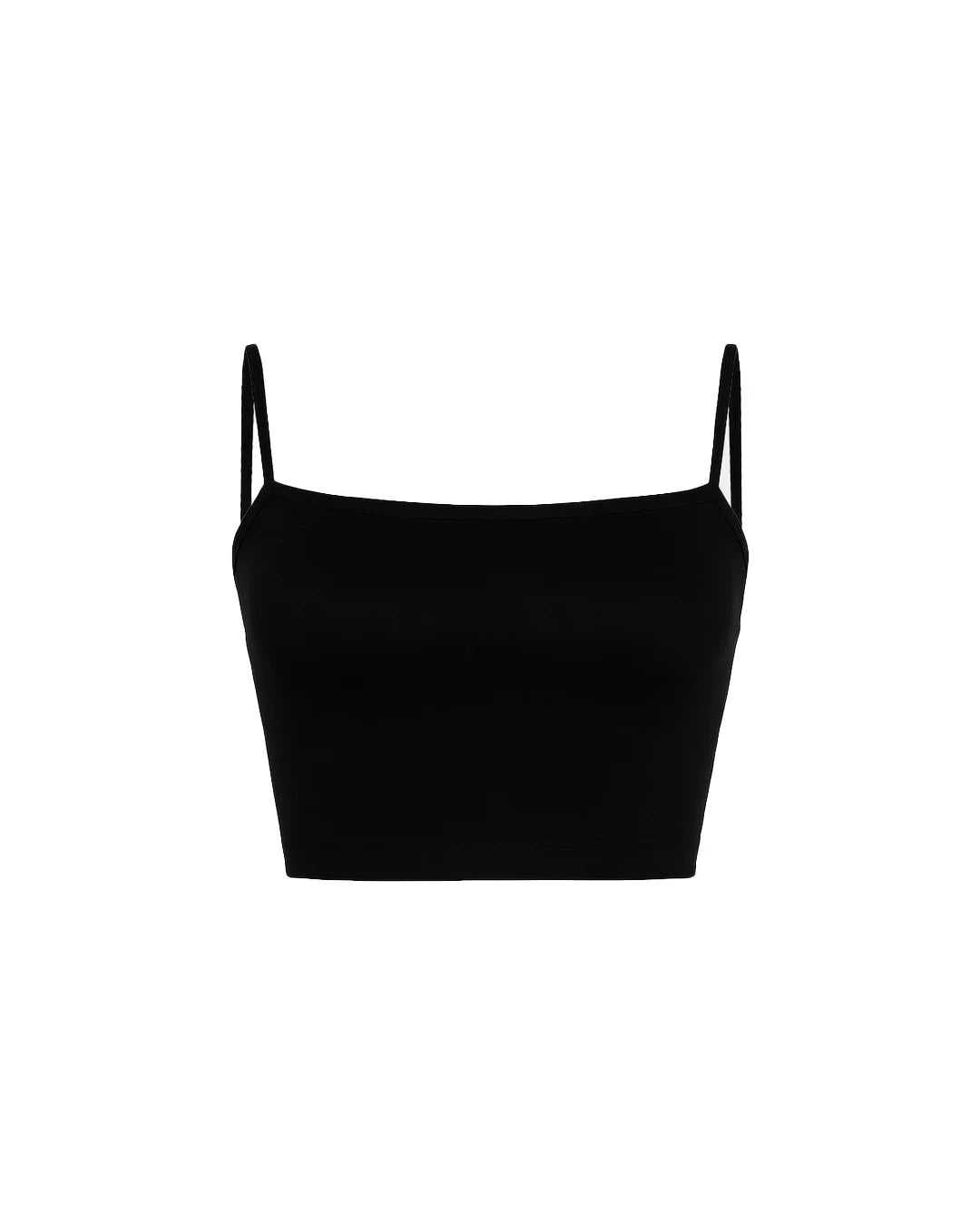 Black crop top with thin straps on a white background