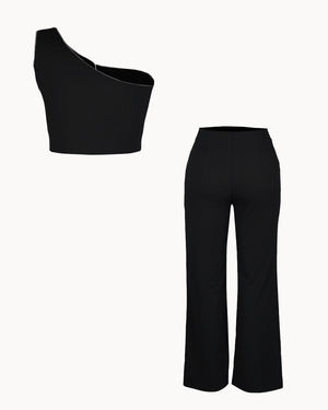 Black one-shoulder top and wide-leg pants on a white background