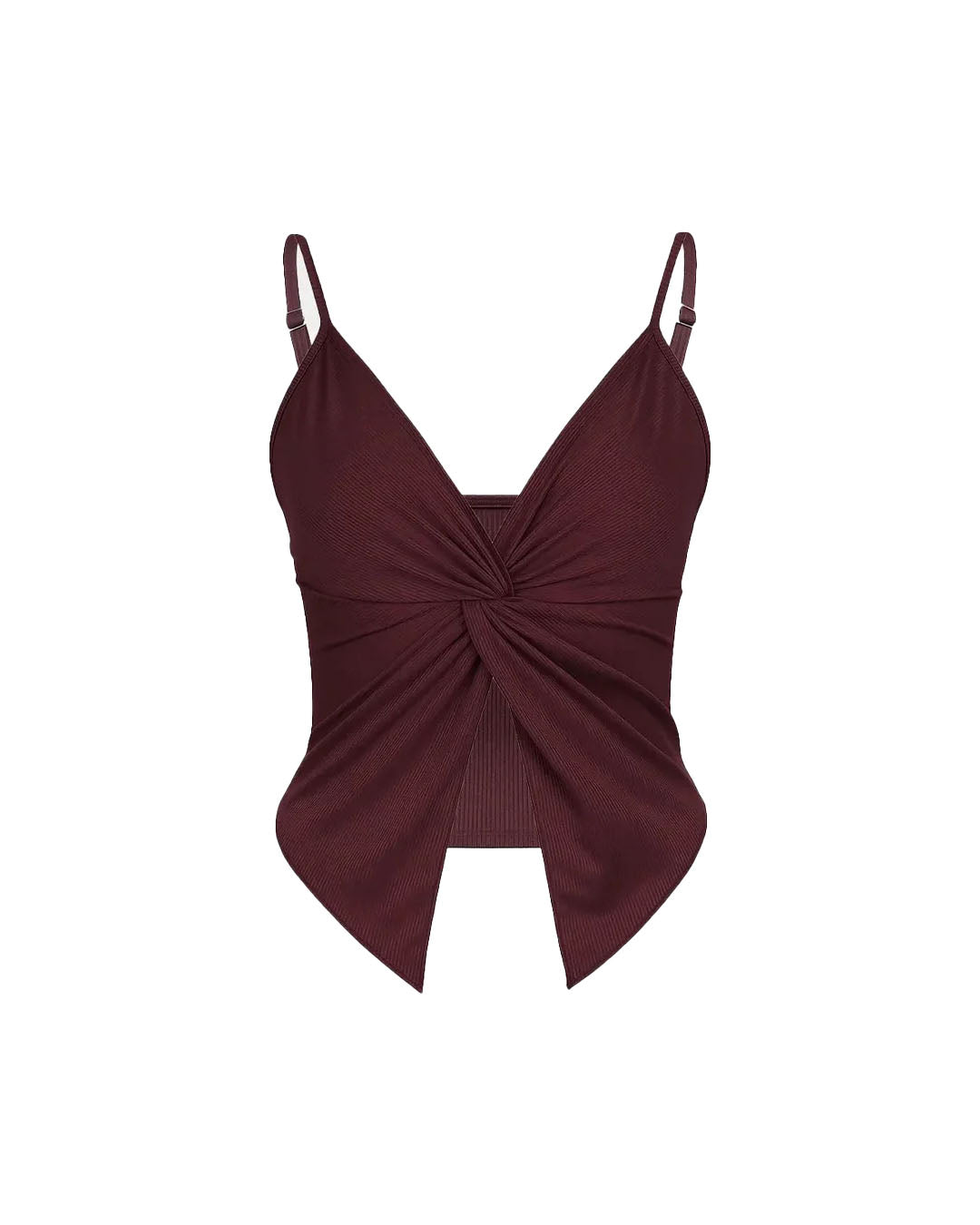 Maroon swimsuit top with a knot detail on a white background