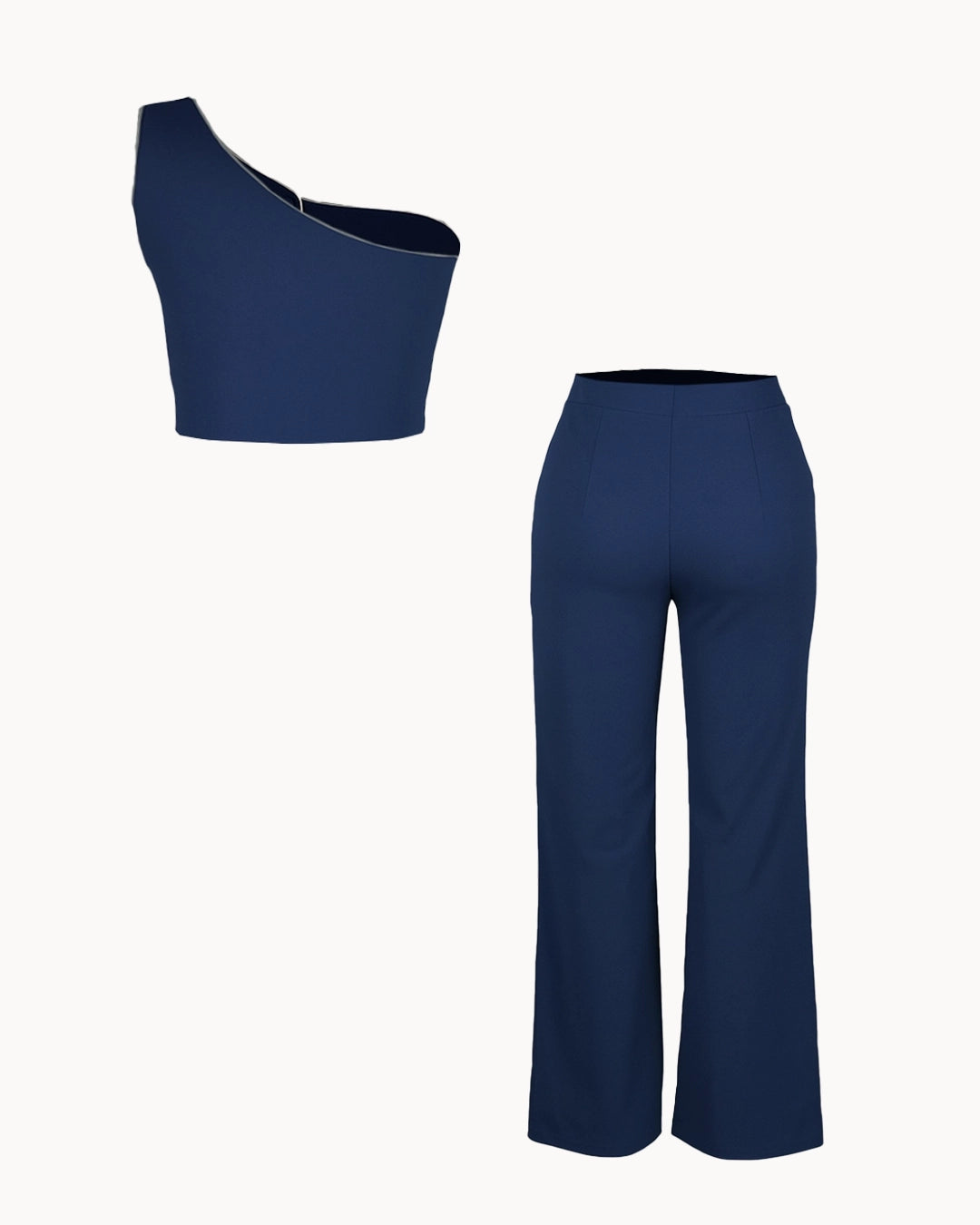 Navy blue one-shoulder top and wide-leg pants on a white background