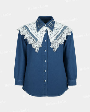 Ruffle Shoulder Denim Shirt - bebonlolo