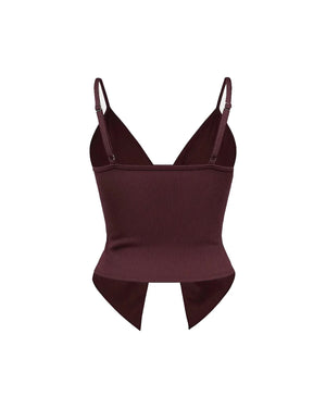 Maroon ribbed tank top with thin straps on a white background