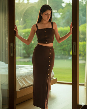Woman in a brown outfit standing in a room with a view of greenery outside.