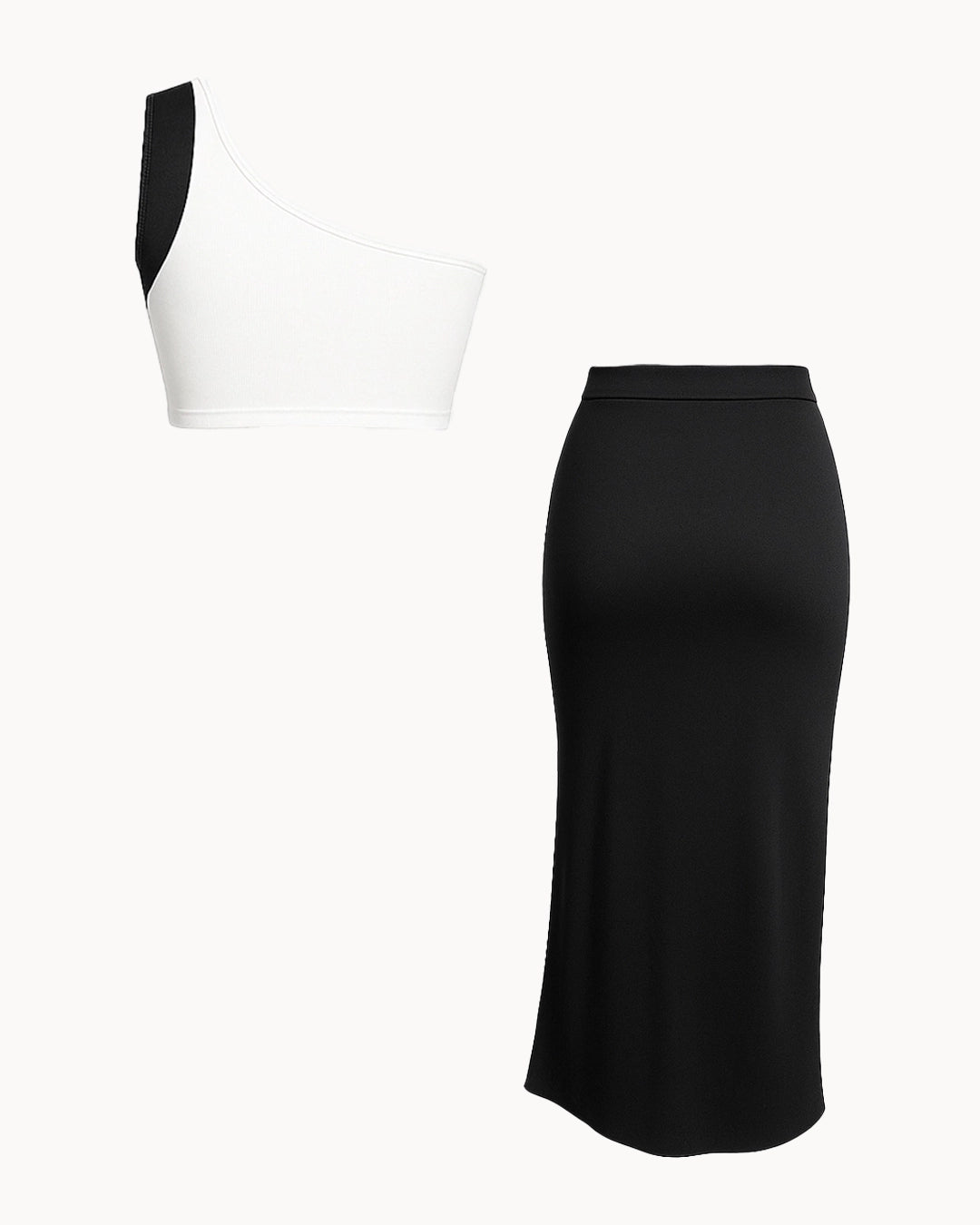 Black and white dress with a one-shoulder top and black pencil skirt on a white background