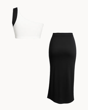 Black and white dress with a one-shoulder top and black pencil skirt on a white background