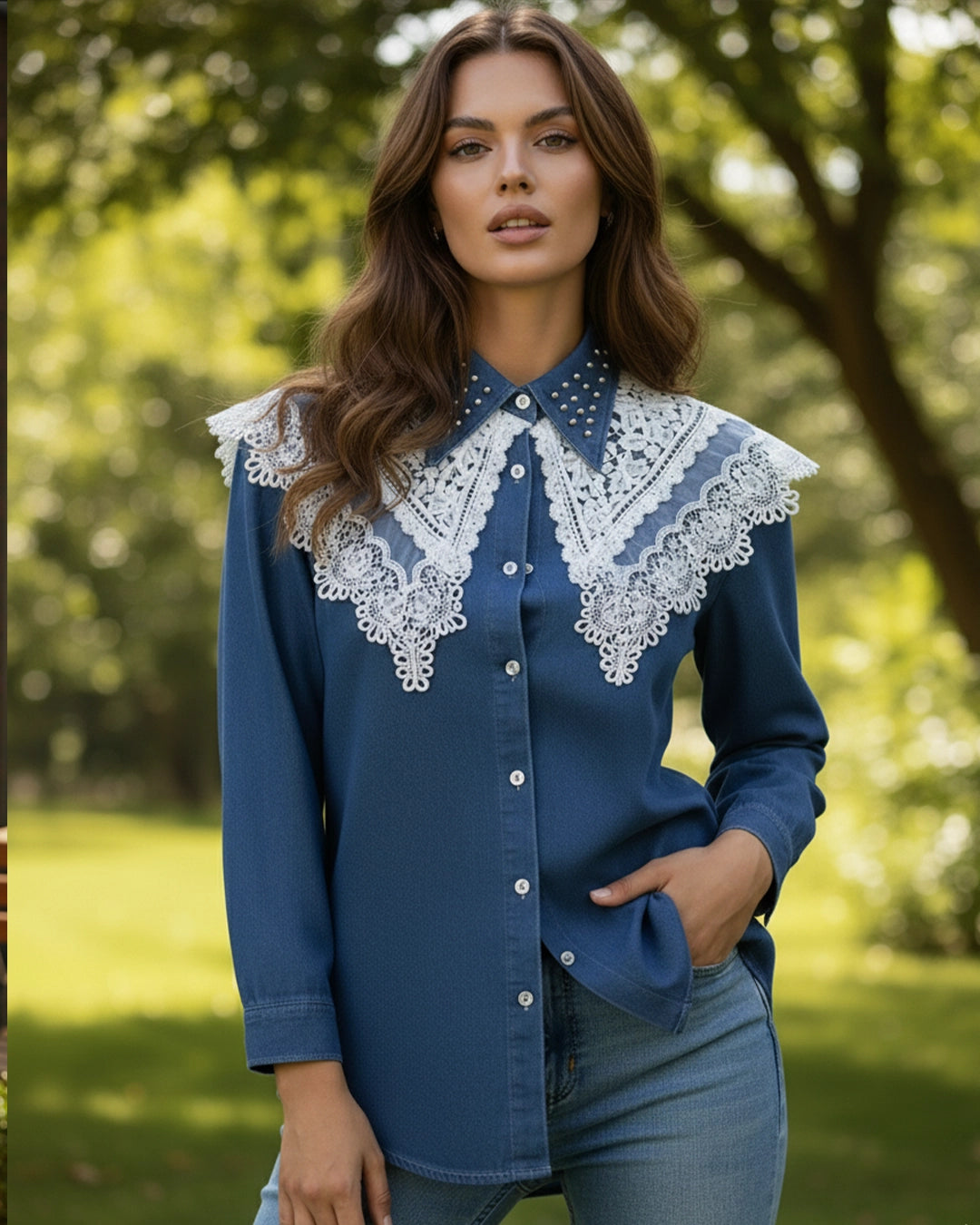 Woman wearing a blue shirt with lace collar in a park setting