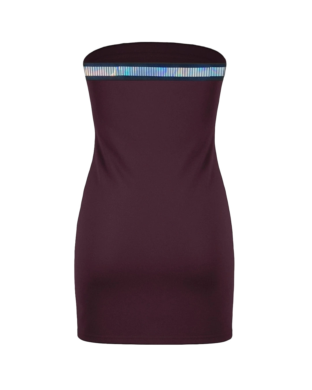 Maroon strapless dress with a colorful band at the waist on a white background