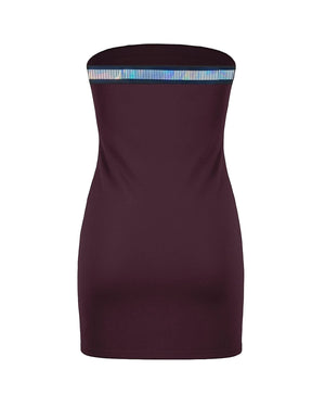 Maroon strapless dress with a colorful band at the waist on a white background