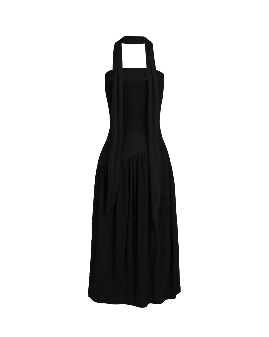 Black dress with a halter neck on a white background