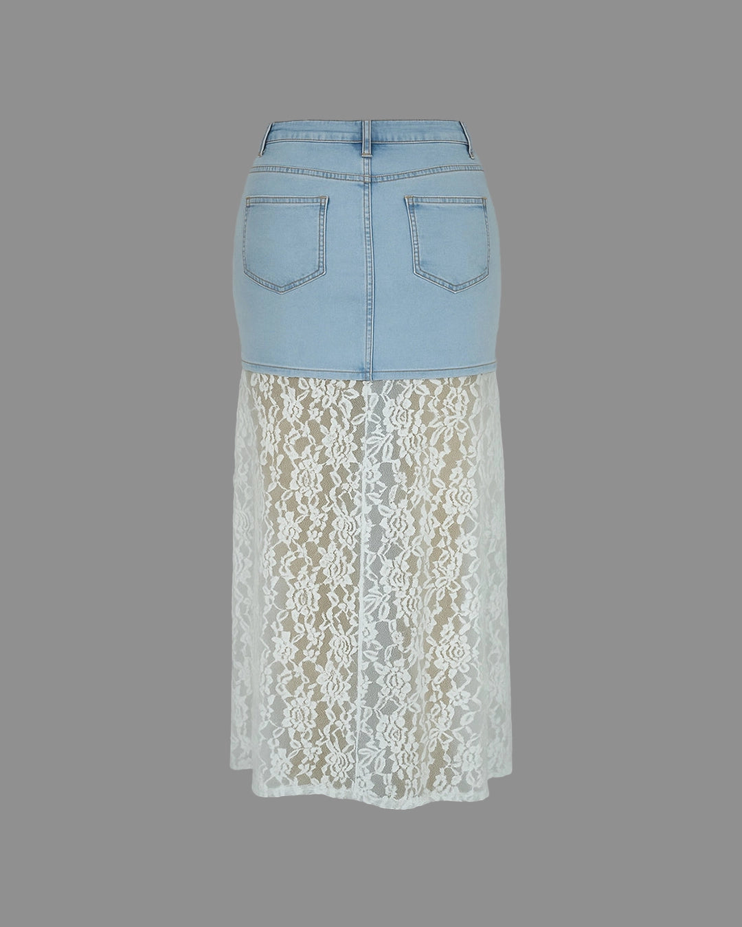 Skirt with denim top and lace bottom on a gray background