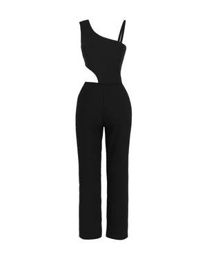 Black one-shoulder jumpsuit on a white background