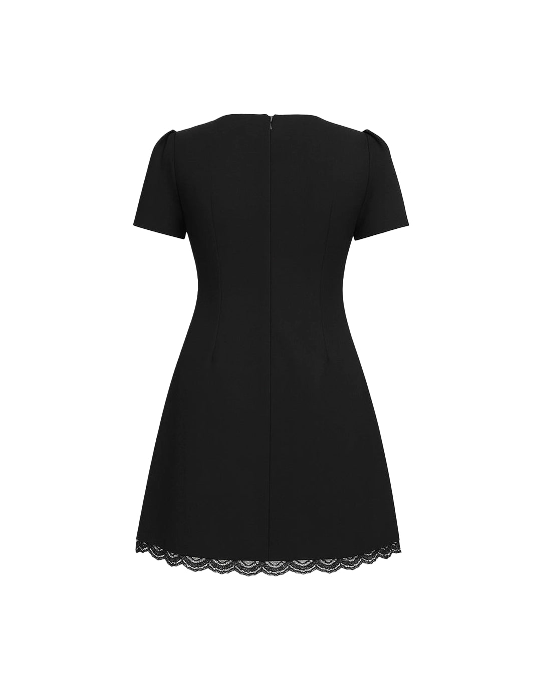 Black dress with lace trim on a white background