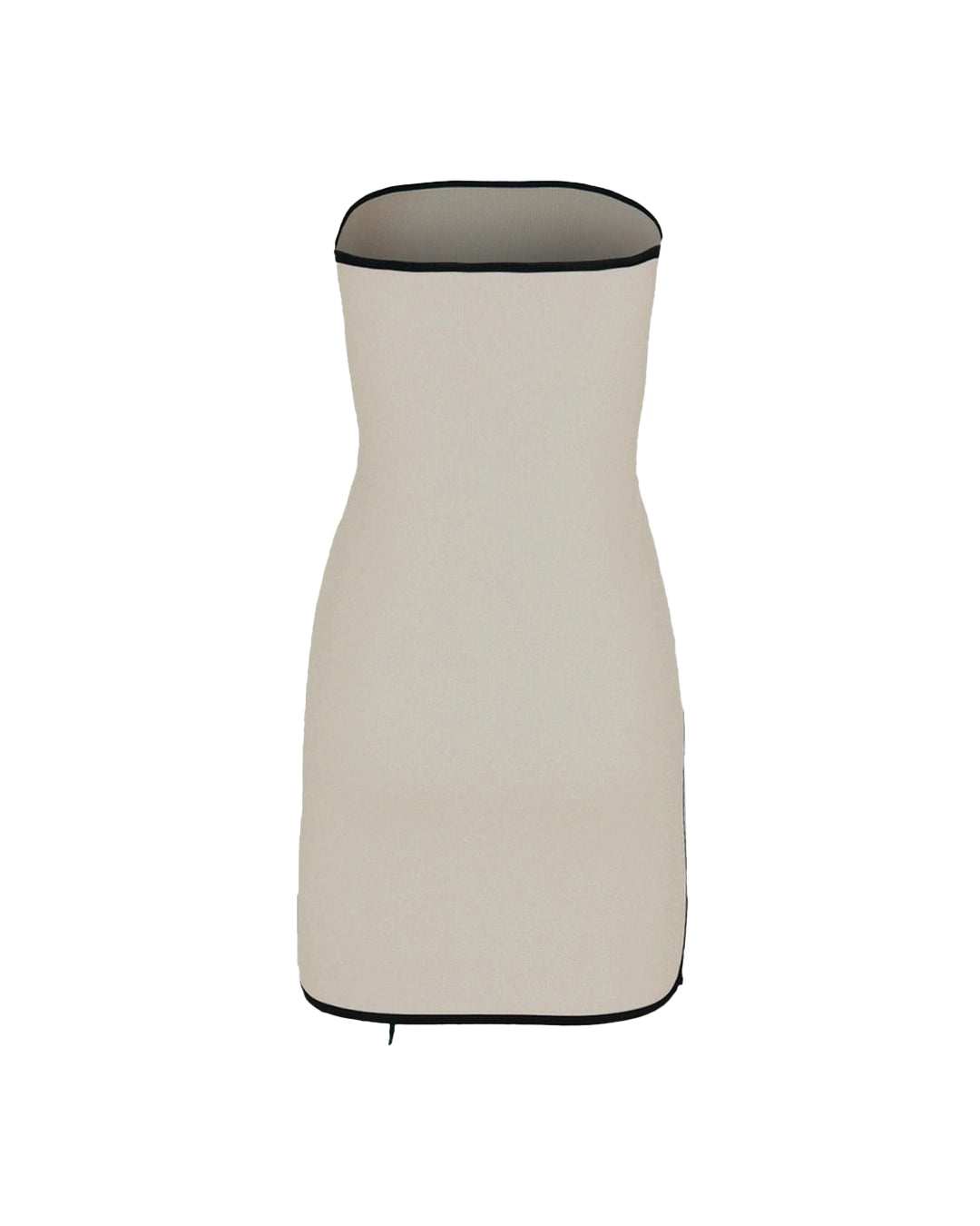 Beige strapless dress with black trim on a white background