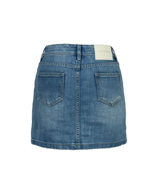 Blue denim skirt on a white background