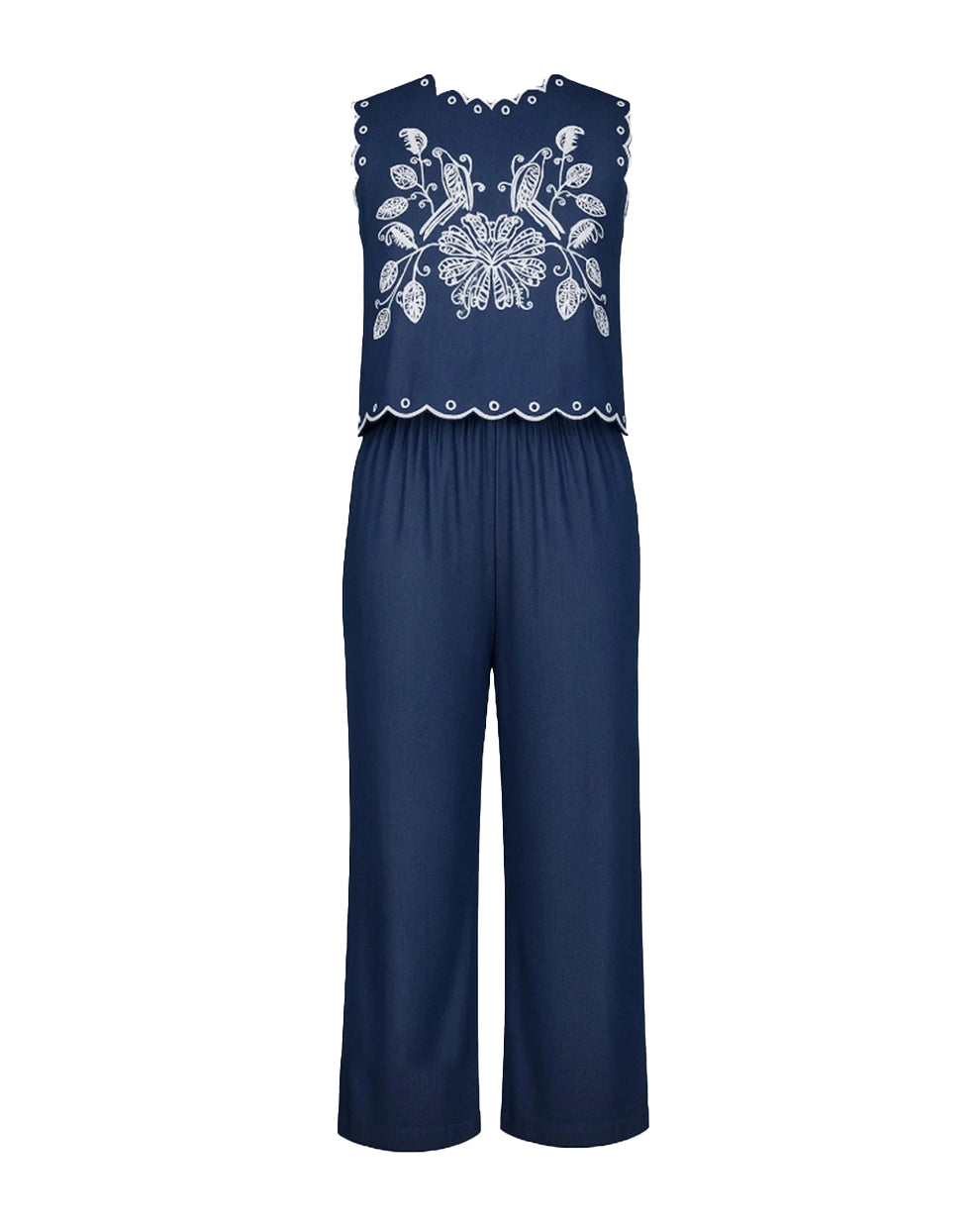 Navy blue jumpsuit with white floral embroidery on a white background