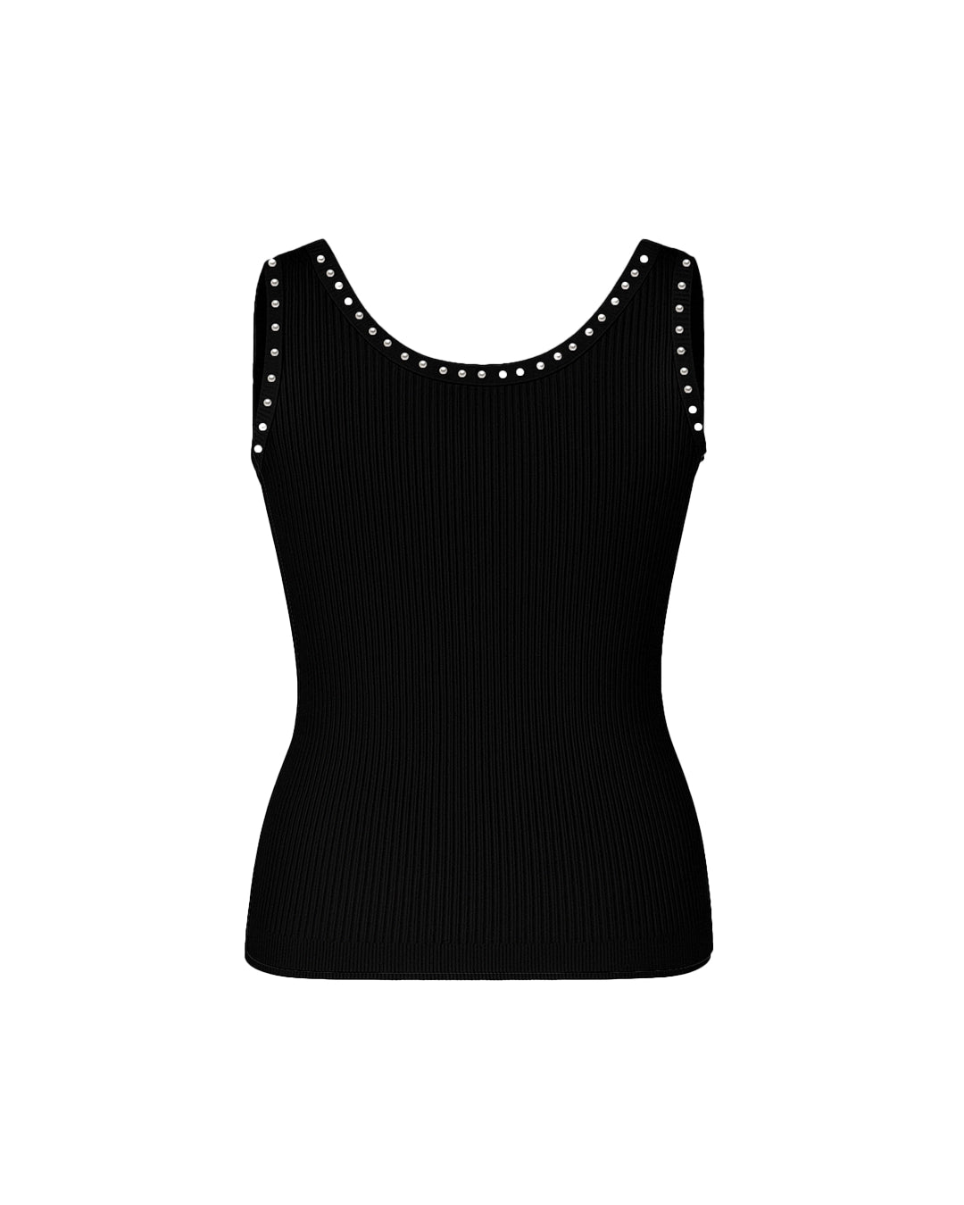 Black tank top with studded details on a white background