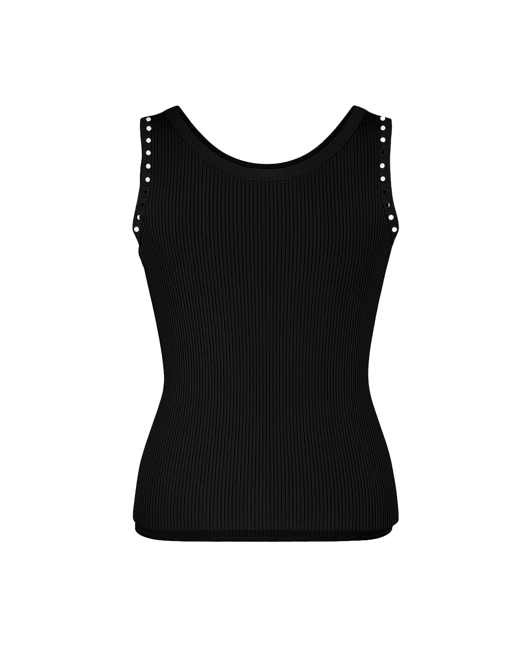 Black ribbed tank top with decorative studs on a white background