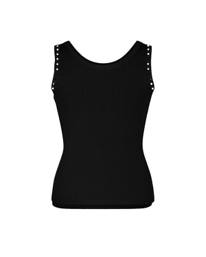 Black ribbed tank top with decorative studs on a white background