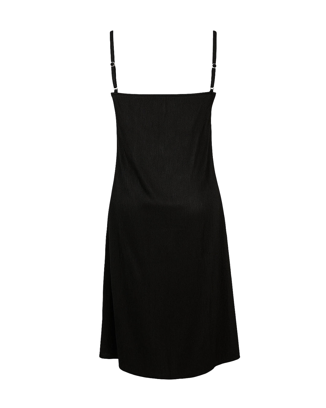 Black slip dress with thin straps on a white background