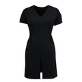 Black dress with a V-neck and short sleeves on a white background