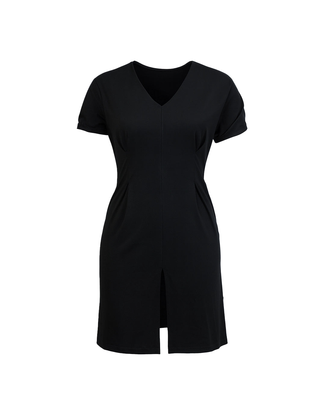 Black dress with a V-neck and short sleeves on a white background