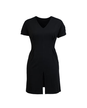 Black dress with a V-neck and short sleeves on a white background