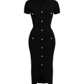 Black dress with white buttons on a white background