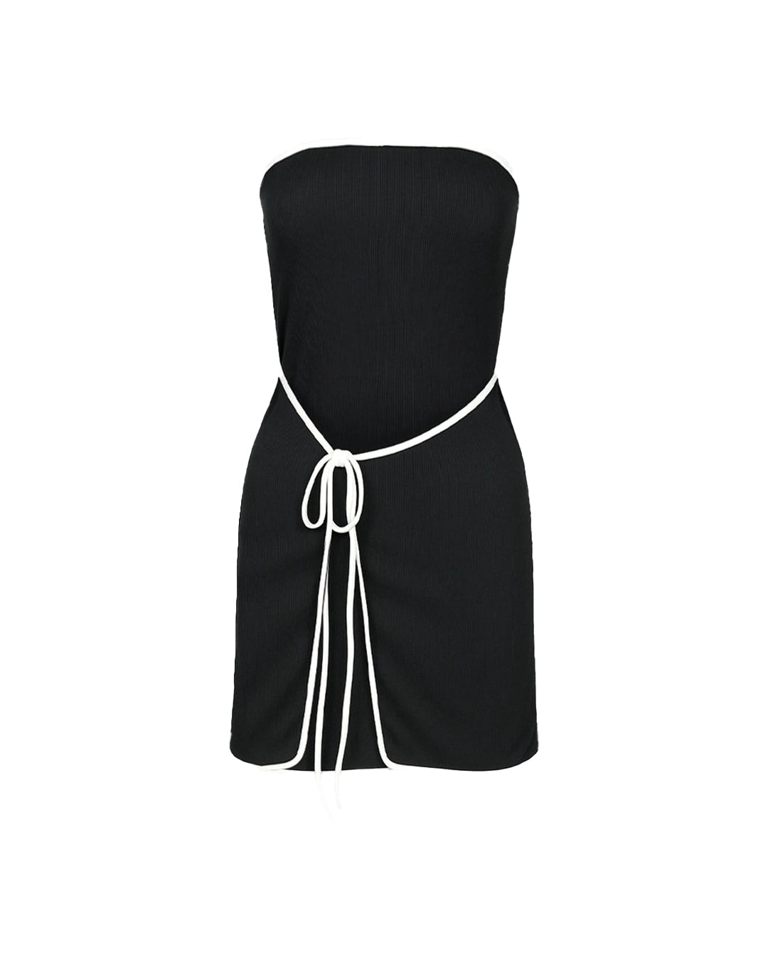 Black strapless dress with white straps on a white background