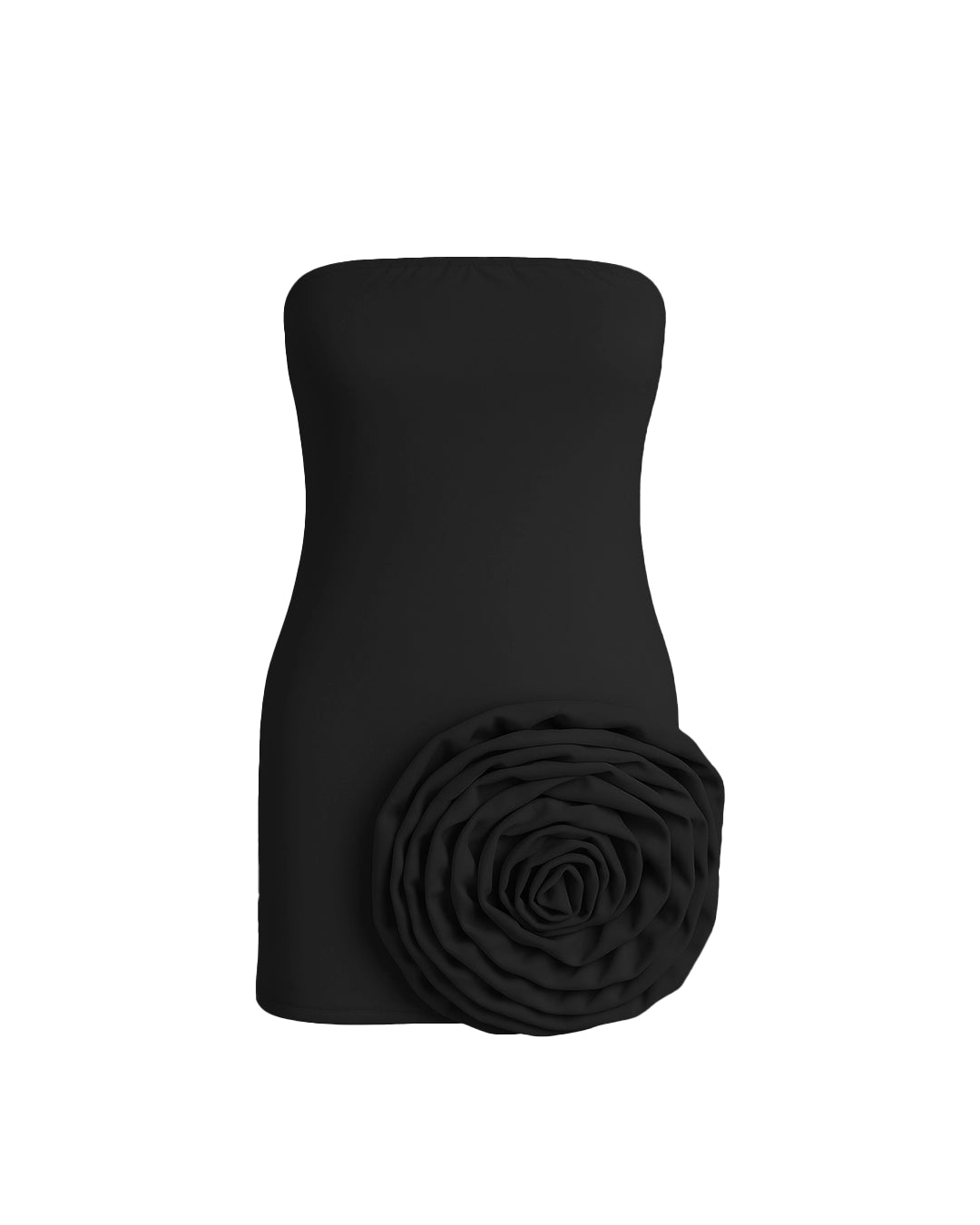 Black strapless dress with a large black rose on a white background