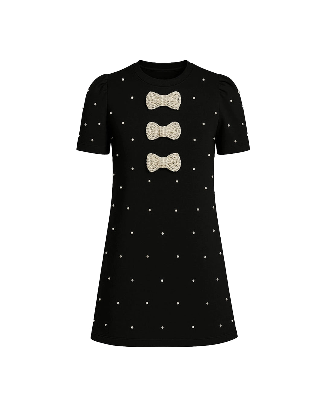 Black dress with white polka dots and beige bows on a white background