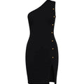 Black one-shoulder dress with gold buttons on a white background
