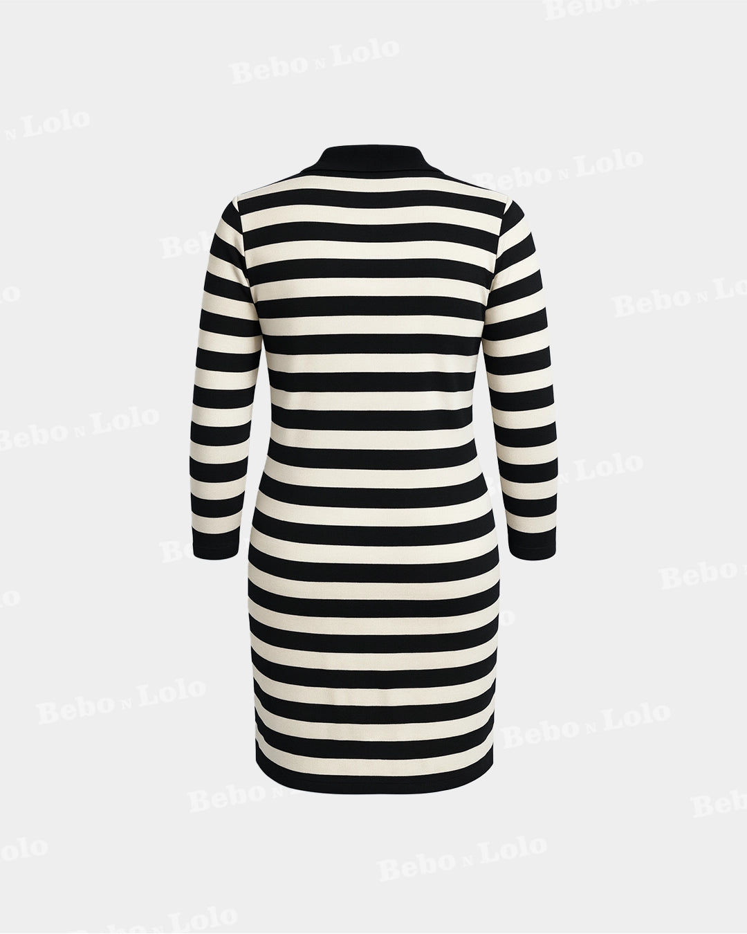 French Striped Collar Neck Flower Dress