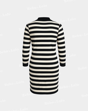 French Striped Collar Neck Flower Dress
