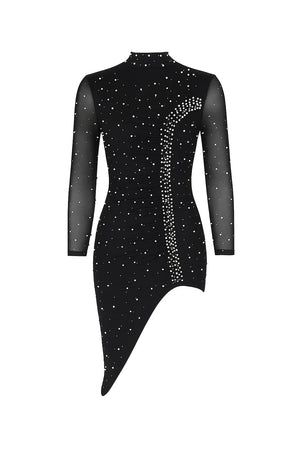 Long Sleeve Backless Rhinestone Asymmetric Dress