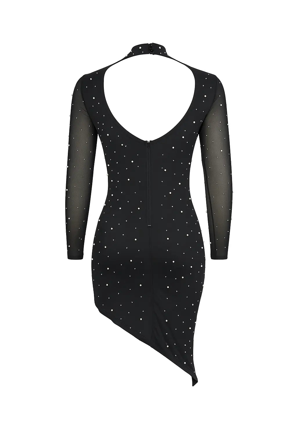 Long Sleeve Backless Rhinestone Asymmetric Dress