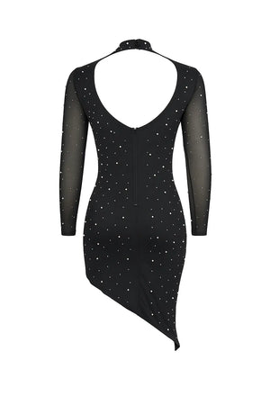 Long Sleeve Backless Rhinestone Asymmetric Dress